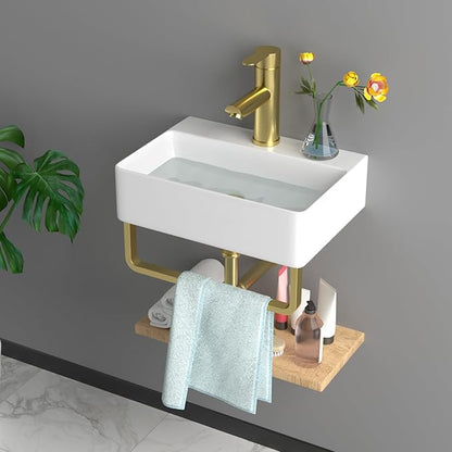 Floating Bathroom Sink Wall Mounted - 14"x10" Rectangular Vessel Sink With Gold Faucet & Drain Combo Small Modern White Ceramic Porcelain Vessel Vanity Sinks