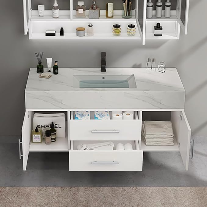 Bathroom Vanity with Sink 39.5" Floating Bathroom Vanity Sintered Stone Modern Bathroom Vanity Set, White (Wall Mounted, Silver Handle)