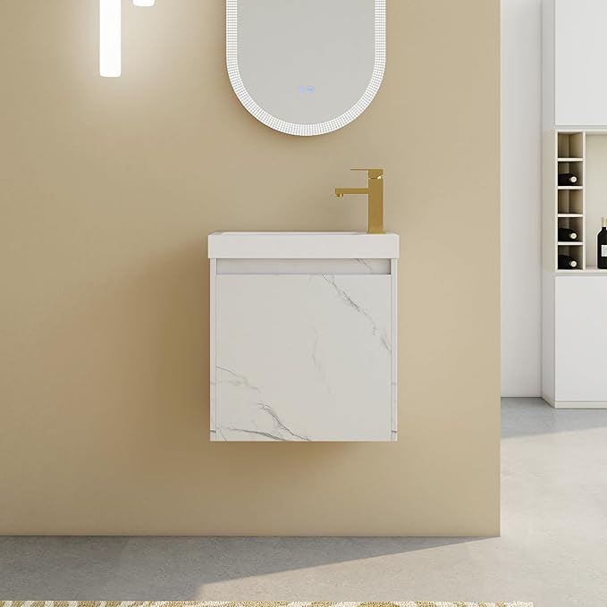 20" Small Floating Bathroom Vanity with White Marble Grain Flat Door and Storage