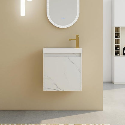 20" Small Floating Bathroom Vanity with White Marble Grain Flat Door and Storage
