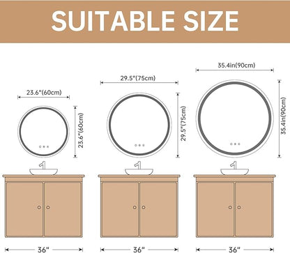 LOVESPEJO 24" Round LED Bathroom Mirror with Lights, Circle LED Mirror for Bathroom, Fogless, Dimmable, 3 Color Changing, IP54, Shatterproof