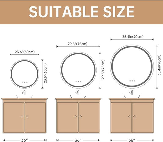 LOVESPEJO 36" Round LED Bathroom Mirror with Lights, Circle LED Mirror for Bathroom, Fogless, Dimmable, 3 Color Changing, IP54, Shatter-Proof
