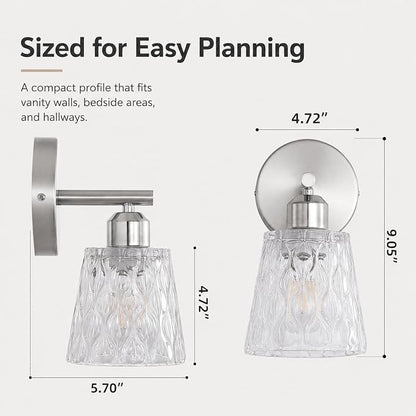 Brushed Nickel Bathroom Light Fixture, 1-Light Modern Vanity Wall Sconce with Textured Glass Shade, Stainless Steel Construction, E26 Socket (Bulb Not Included)