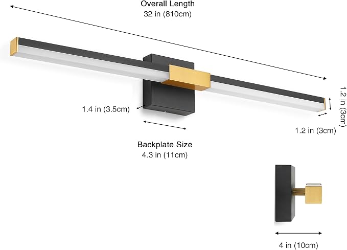 SOLFART Bathroom Lighting Fixtures Over Mirror: 32-Inch Black and Gold Dimmable Built-in Step Dimming Vanity Light ETL IP44