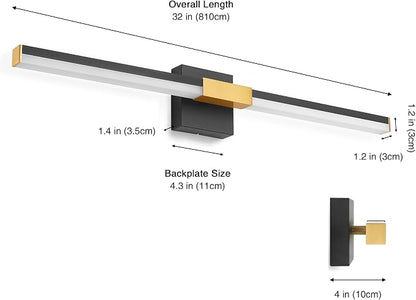 SOLFART Bathroom Lighting Fixtures Over Mirror: 32-Inch Black and Gold Dimmable Built-in Step Dimming Vanity Light ETL IP44