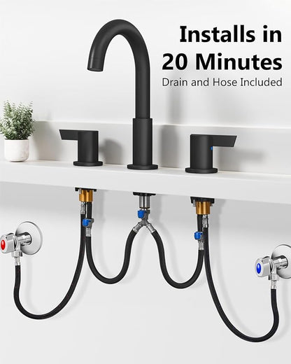 Bathroom Sink Faucet 3 Hole 8 Inch Widespread 2-Handle Vanity Faucet SUS304 Stainless Steel with Pop-Up Drain and Supply Lines Matte Black