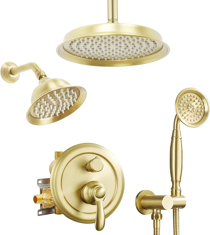 Dual Rain Shower Head System with Handheld Antique Faucet Set | Brushed Gold Finish, Multi-layer Plating, Vintage Rainfall, 3 Way Diverter Brass Valve with Trim Kit, Easy Install