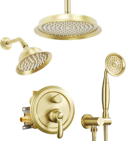 Dual Rain Shower Head System with Handheld Antique Faucet Set | Brushed Gold Finish, Multi-layer Plating, Vintage Rainfall, 3 Way Diverter Brass Valve with Trim Kit, Easy Install