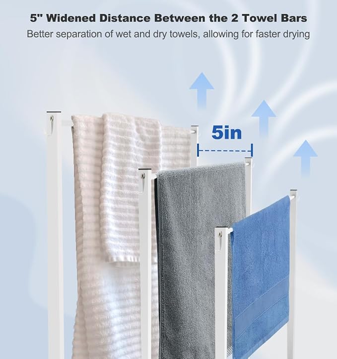 Extra Large Free Standing Towel Rack, White | 3 Tiers Heavy Duty Blanket Drying Stand Holder with Metal Storage Shelf & 6 Hooks for Bathroom, Pool, Bedroom, Living Room