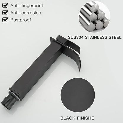 BWE Black Vessel Sink Faucet Single Handle Single Hole Stainless Steel Bathroom Faucet with Waterfall Spout Sink Faucet Lavatory Vanity Deck Mount Mixer Tap