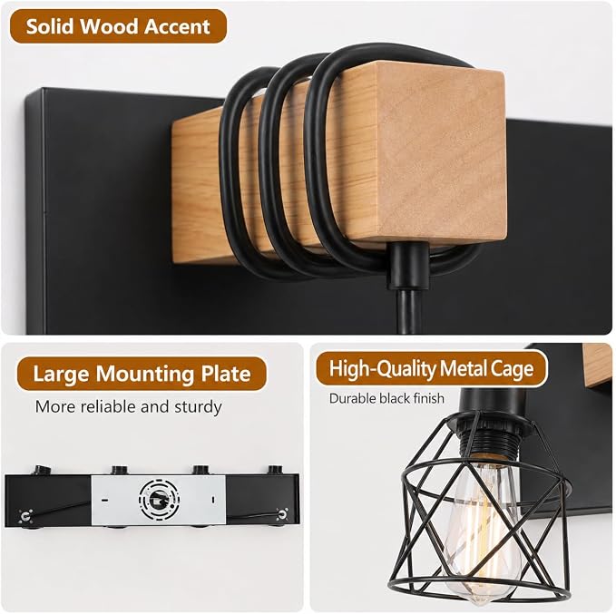 Farmhouse Vanity Light Fixture,3-Light Bathroom Lighting,Black Industrial Wood Wall Light Over Mirror with Metal Shade,Bulbs NOT Included
