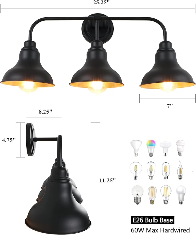 25.2-Inch 3-Light Farmhouse Vanity Light Over Mirror, Matte Black | Rustic industrial style, metal frame, 3 E26 sockets, 60W max, dimmable, no bulbs, wall sconce for bathroom mirror, bedroom