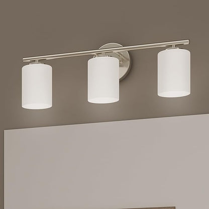Replay Collection 3-Light Etched White Glass Modern Bath Vanity Light Brushed Nickel