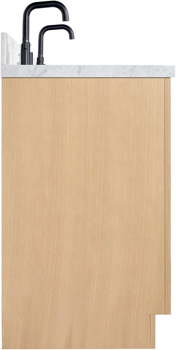 ARIEL Loren 60-inch Bathroom Vanity with Sink,Solid Wood, 1.5-inch Italian Carrara Marble Countertop, Double Rectangular Porcelain Sink, 4 Soft Closing Doors, 3 Dovetail Drawers, Natural Oak