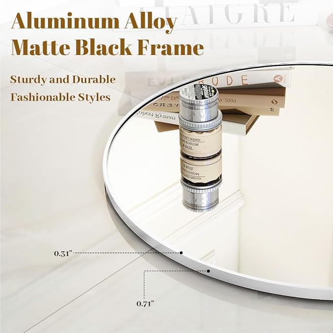 White Round Bathroom Mirror 24", Thin Metal Frame Wall Mirror | Circle Vanity Mirror for Over Sink, Hanging or Leaning Decor for Hallway, Entryway, Fireplace Mantel, Living Room
