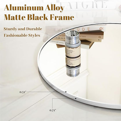 White Round Bathroom Mirror 24", Thin Metal Frame Wall Mirror | Circle Vanity Mirror for Over Sink, Hanging or Leaning Decor for Hallway, Entryway, Fireplace Mantel, Living Room