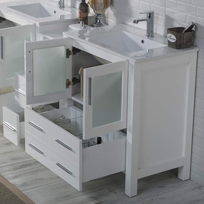 Blossom 72" Solid Wood Double Sink Bathroom Vanity with Side Cabinet | Glossy White Master Bath Furniture | Anti-Warp Painted Finish, Soft-Close Full Extension Drawers & Tempered Glass Modern Style