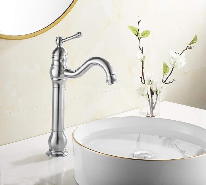 Bathroom Vessel Bowl Sink Faucet Brushed Nickel Single Handle with Drain | One Hole Lavatory Vanity Faucet 360° Swivel Matching Pop up Drain without Overflow Commercial Deck Mount
