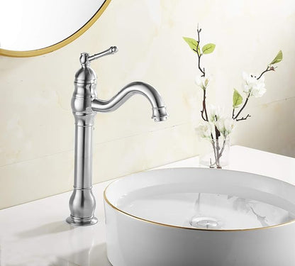 Bathroom Vessel Bowl Sink Faucet Brushed Nickel Single Handle with Drain | One Hole Lavatory Vanity Faucet 360° Swivel Matching Pop up Drain without Overflow Commercial Deck Mount