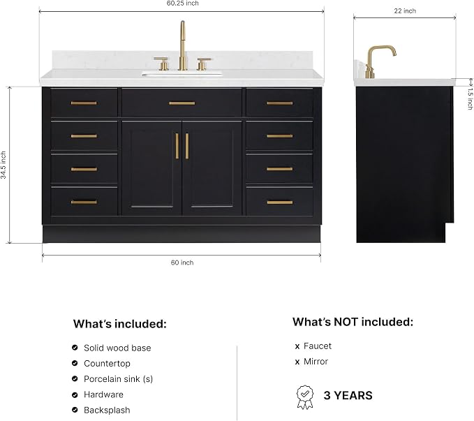 ARIEL Hepburn 60-inch Bathroom Vanity with Sink,Solid Wood, 1.5-inch Carrara White Quartz Countertop & Backsplash, Single Rectangular Porcelain Sink, 2 Soft Closing Doors, 9 Dovetail Drawers, Black
