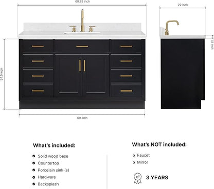ARIEL Hepburn 60-inch Bathroom Vanity with Sink,Solid Wood, 1.5-inch Carrara White Quartz Countertop & Backsplash, Single Rectangular Porcelain Sink, 2 Soft Closing Doors, 9 Dovetail Drawers, Black