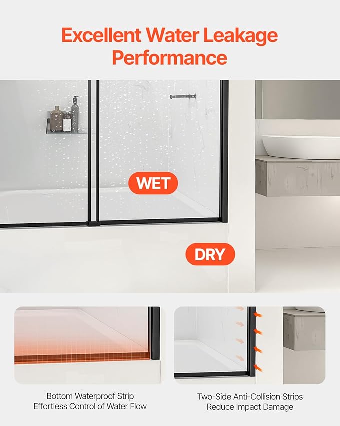 VEVOR Bathtub Shower Door, 56-60" W x 60" H, Semi-Frameless Double Sliding Tub Door, Semi-Frameless Bypass Tub Door with 1/4 in Shatterproof Tempered Glass and Stainless Steel Handle, Black