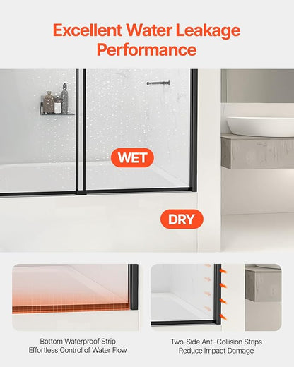 VEVOR Bathtub Shower Door, 56-60" W x 60" H, Semi-Frameless Double Sliding Tub Door, Semi-Frameless Bypass Tub Door with 1/4 in Shatterproof Tempered Glass and Stainless Steel Handle, Black