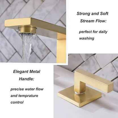 VCCUCINE Gold Bathroom Faucet, Modern Commercial 2 Handle 3 Holes Brushed Gold Widespread Bathroom Brass Lavatory Vanity Sink Faucet with Water Supply Lines,DSTVC051-2GN