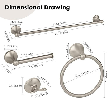 4-Piece Brushed Nickel Bathroom Hardware Accessories Set, 24 Inch Towel Bar, Towel Rack, Bathroom Towel Holder