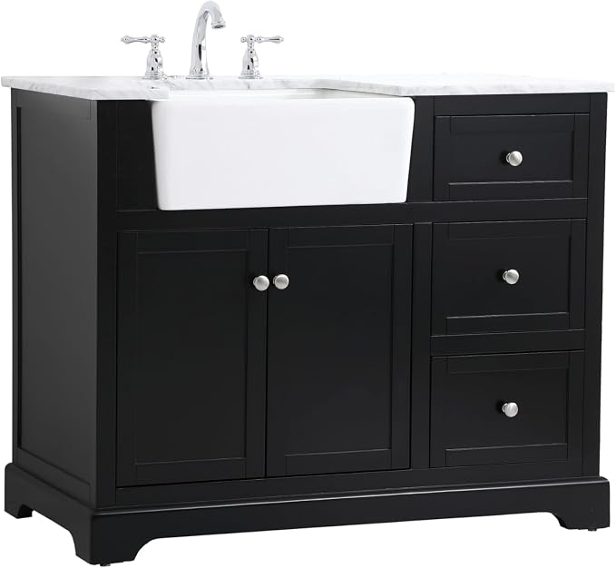 42" Pre-Assembled Bathroom Vanity with Sink, Solid Birch and MDF, Carrara White Marble Countertop Attached, Single Rectangle Porcelain Sink, 3 Soft-Close Drawers, Black