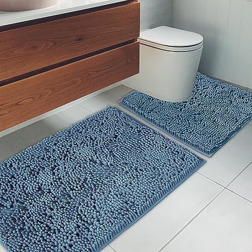 Bathroom Rugs Chenille Bath mat 2 Piece Set, Super Absorbent, Strong PVC Non Slip Backing, Bath mats for Bathroom, Plush Shaggy, Thick, Machine Washable, Bathtub, Toilet .(Medium Blue)