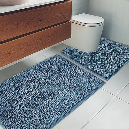 Bathroom Rugs Chenille Bath mat 2 Piece Set, Super Absorbent, Strong PVC Non Slip Backing, Bath mats for Bathroom, Plush Shaggy, Thick, Machine Washable, Bathtub, Toilet .(Medium Blue)