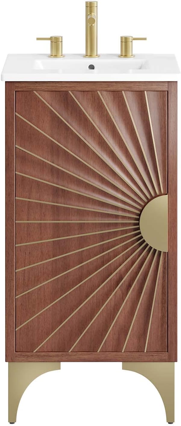 Modway Daylight Bathroom Vanity Cabinet with Ceramic Sink Basin, 18 Inch, White Walnut