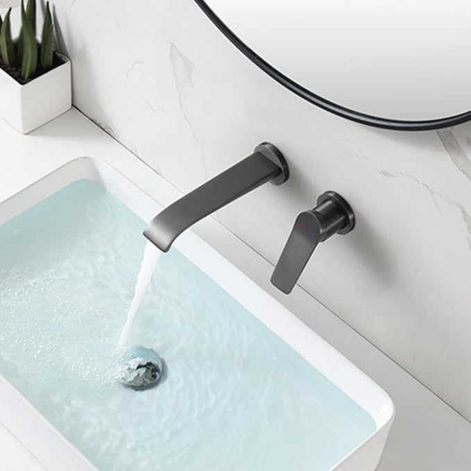 BiaoTeng Concealed Wall Mounted Bathroom Faucet Single Handle Hot and Cold Brass Wall Mount Waterfall Bathroom Faucets Grey