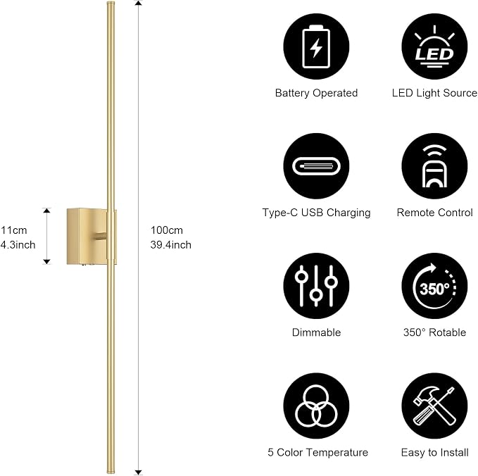 Battery Operated Wall Sconce Set of Two with Remote Control, 3000K-6000K Dimmable Gold Wall Lights, Timable LED Wireless Wall Sconces, 350° Ratate for Bathroom, Living Room, Hallway 39.4 Inch