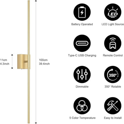 Battery Operated Wall Sconce Set of Two with Remote Control, 3000K-6000K Dimmable Gold Wall Lights, Timable LED Wireless Wall Sconces, 350° Ratate for Bathroom, Living Room, Hallway 39.4 Inch