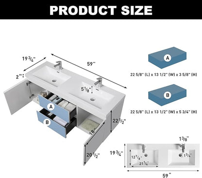 Wall Mounted 60 Inch Bathroom Vanity with Sink, Floating Vanity Bathroom, Double Sink Bathroom Vanity, 2 Drawers, 2 Soft Closing Doors, Resin Integrated Sink (Glossy White)