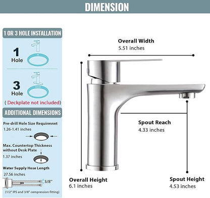 Single Hole Bathroom Faucet, Stainless Steel Bathroom Faucets, Brushed Nickel Commercial Bathroom Sink Faucet,Single Handle Bathroom Sink Faucet with Supply Lines, BF019L