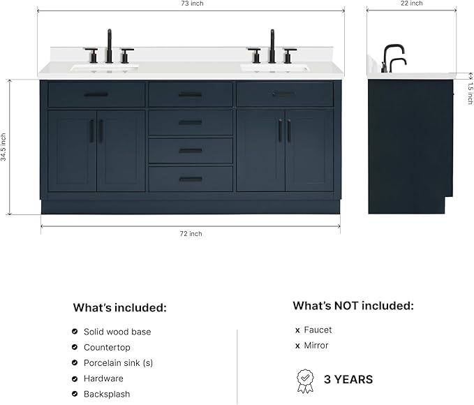 ARIEL Hepburn 72-inch Bathroom Vanity with Sink,Solid Wood, 1.5-inch Pure White Quartz Countertop, Double Rectangular Porcelain Sink, 4 Soft Closing Doors, 6 Dovetail Drawers, Midnight Blue