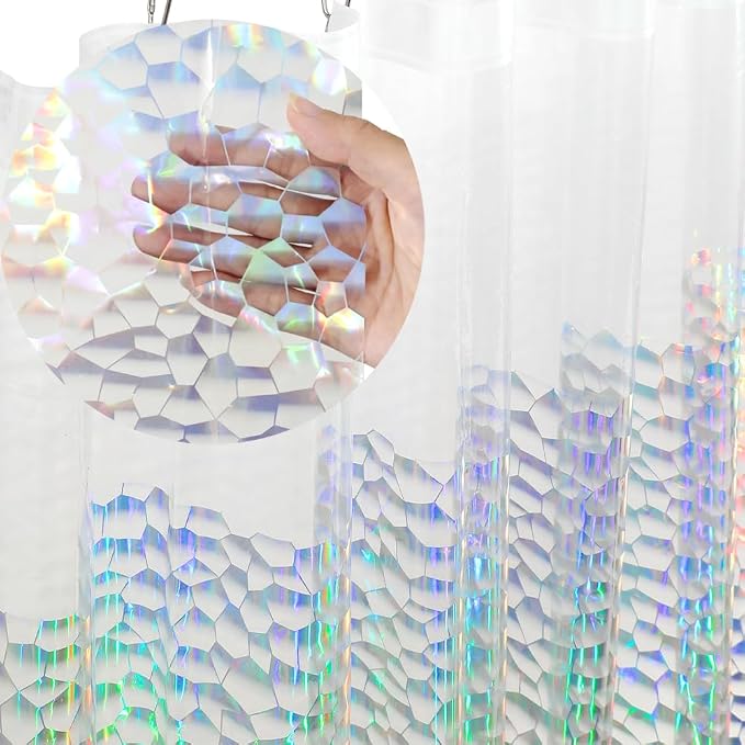 Ga-Geetopia Holographic Extra Long 3D EVA Shower Curtain Liner Water Cube, 72x80 Premium Light Weight Clear Plastic Bathroom Shower Curtain with Rustproof Metal Grommets