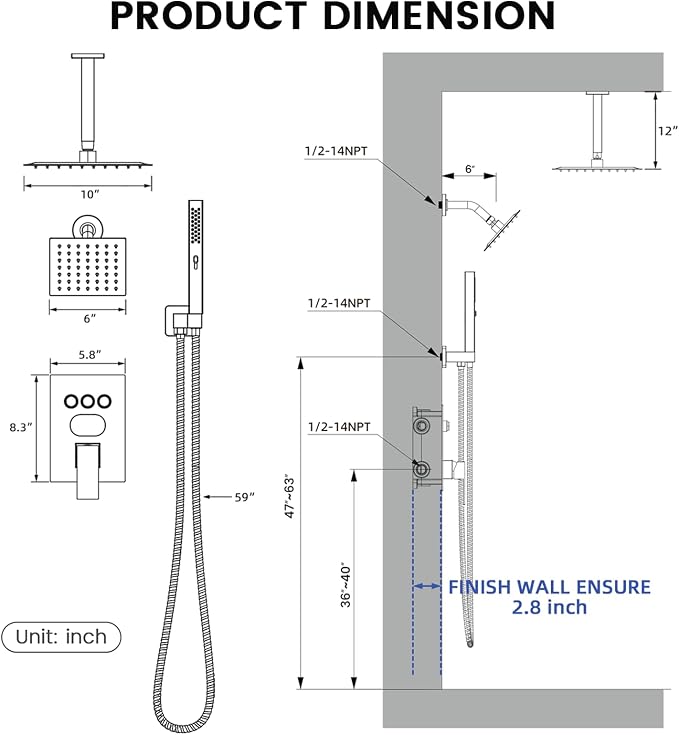 Longriver 3-Push Button Shower Faucet Set Hydro Power Temperature Display | Shower System Ceiling Mounted 10" & Wall Mounted 6" Shower Head with 3-Spary Handheld, Brushed Nickel