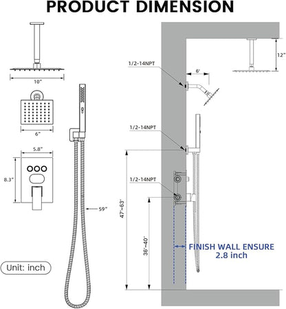 Longriver 3-Push Button Shower Faucet Set Hydro Power Temperature Display | Shower System Ceiling Mounted 10" & Wall Mounted 6" Shower Head with 3-Spary Handheld, Brushed Nickel