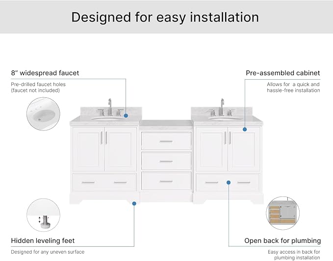 ARIEL Stafford 84-inch Bathroom Vanity with Sink,Solid Wood, 1.5in Italian Carrara Marble Countertop & Backsplash, Double Oval Porcelain Sink, 4 Soft Closing Doors, 5 Dovetail Drawers, White