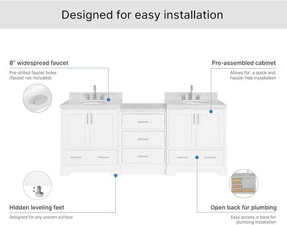 ARIEL Stafford 84-inch Bathroom Vanity with Sink,Solid Wood, 1.5in Italian Carrara Marble Countertop & Backsplash, Double Oval Porcelain Sink, 4 Soft Closing Doors, 5 Dovetail Drawers, White