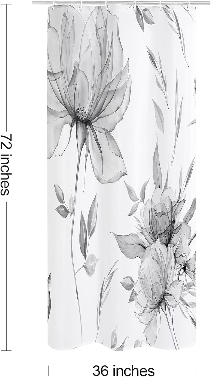 Grey Boho Floral Shower Curtain, Watercolor Botanical Design, 36 x 72 | Boho Floral Design, Watercolor Ink Painting Style, Botanical Flowers & Leaves, Elegant Bathroom Accent, Fabric Cloth Curtain