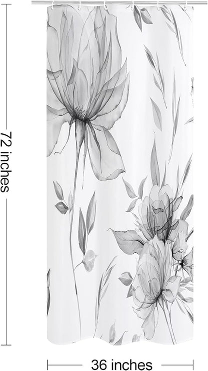 Grey Boho Floral Shower Curtain, Watercolor Botanical Design, 36 x 72 | Boho Floral Design, Watercolor Ink Painting Style, Botanical Flowers & Leaves, Elegant Bathroom Accent, Fabric Cloth Curtain