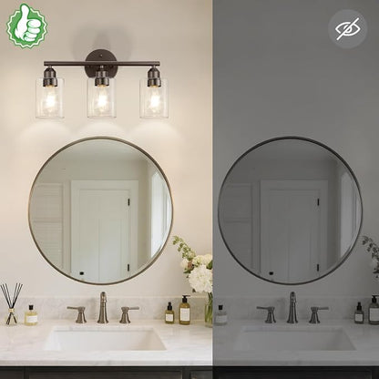 3-Light Bathroom Vanity Light, Clear Glass & Brown,17.3" | Modern Wall Lamp, For Mirror