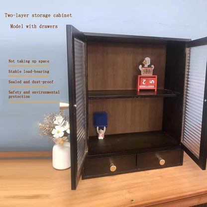 Brown Bamboo Countertop Cabinet Ribbed Magnetic Glass Doors with 2 Drawers | 14.6"W×6.7"D×18.1"H cabinet with adjustable inner shelves, multi-use for kitchen bedroom bathroom office sideboard storage