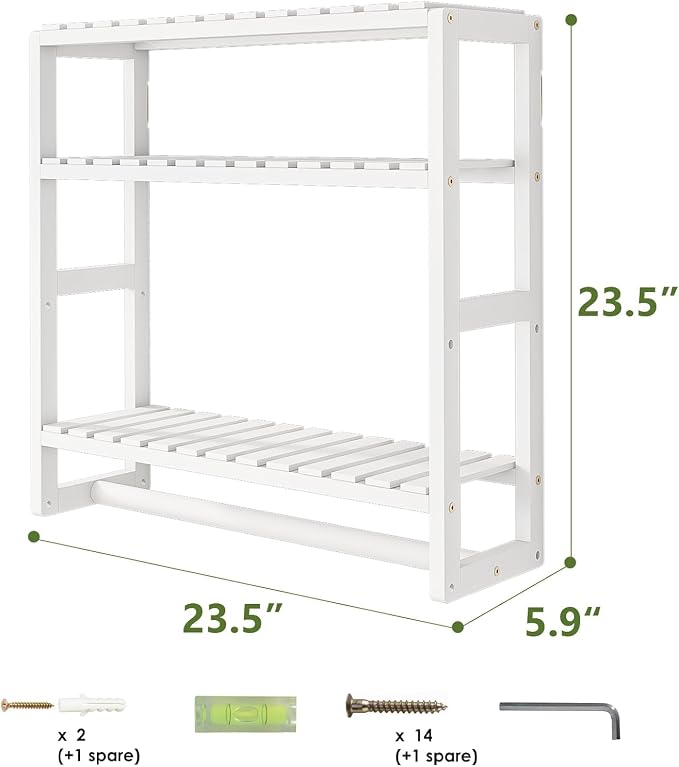 Galood Over The Toilet Storage Bathroom Shelves Wall Mounted 3 Tier White | Space Saver Corner Shelf Organizer Bamboo Towel Rack Toilet Paper Cabinet with Hanging Rod