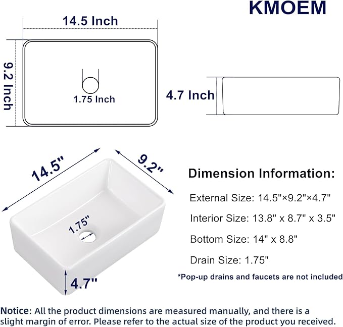 Vessel Sink 15"x9" Rectangular Bathroom Sink Modern White Porcelain Ceramic Above Counter Drop-in Vanity Sink for Bathrooms Art Basin